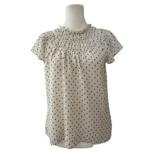 Loft Polka Dot Smocked Mock Neck Cap Sleeves Button Up Back Keyhole Size X-Small